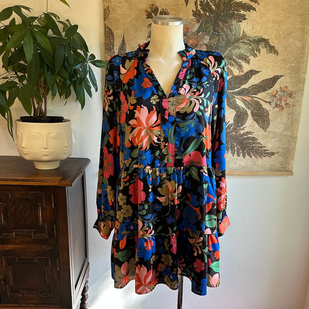 Dark Floral Satin Babydoll Dress, by Fate, Size L
